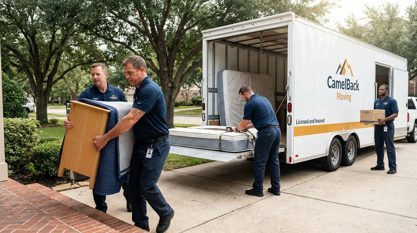 Crew loading residential truck for cross-state move from Charles City, IA