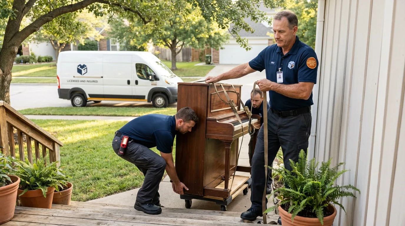 Licensed piano movers securing grand piano in Charles City, IA