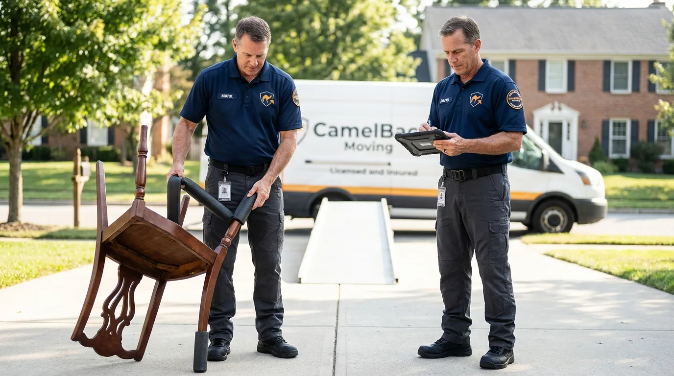 Movers inspecting furniture for damage prevention before loading in Charles City, IA