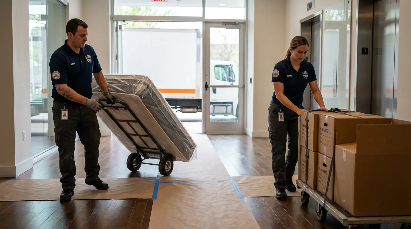 Professional apartment movers loading elevator in Charles City, IA
