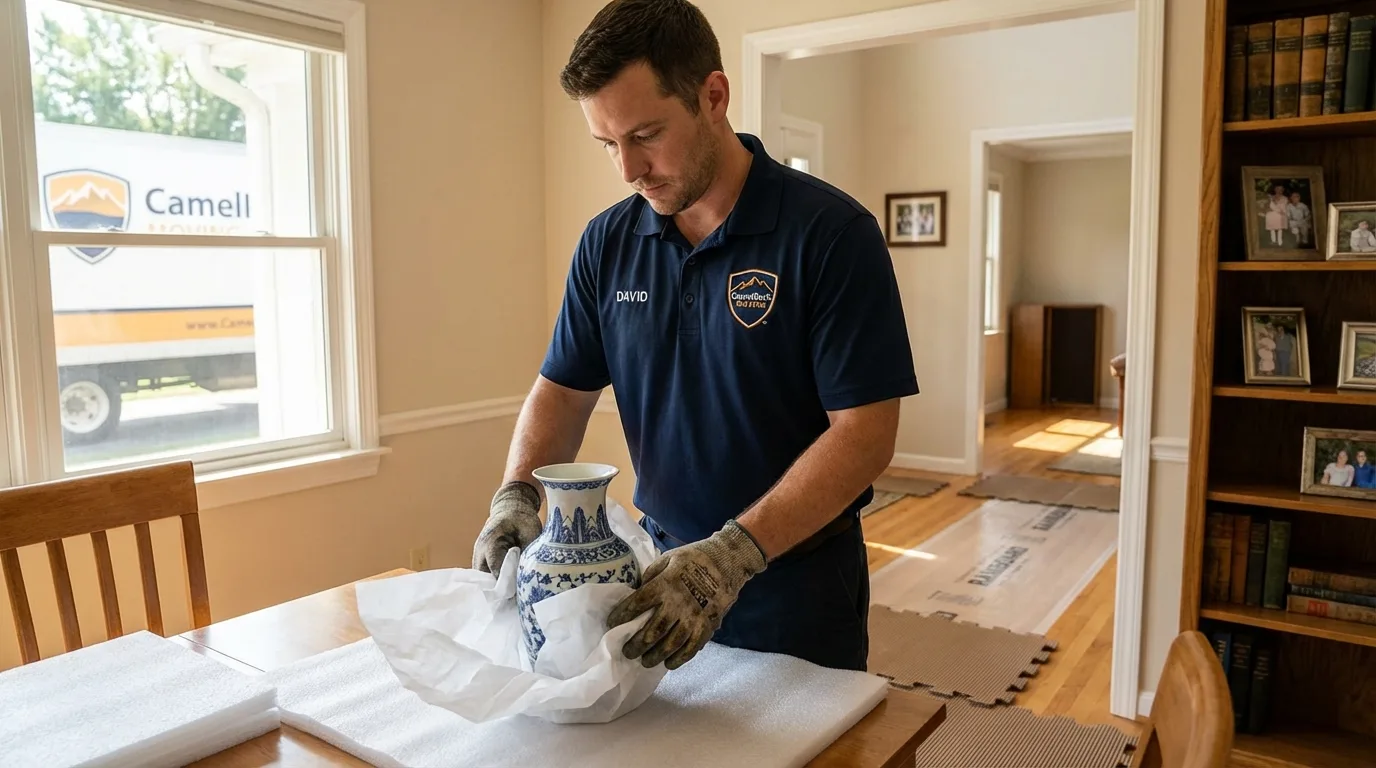 Professional crew carefully wrapping antique vase for senior downsizing move in Charles City, IA