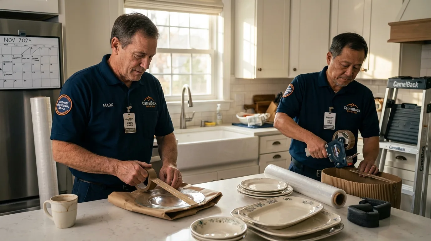 Professional crew packing kitchen dishware in Charles City, IA